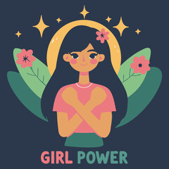 Girl At The Starry Night. Safety Concept. Young Woman With Arm Flexed Vector Illustration