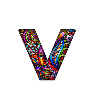 V Alphabet letter text Doodle and Zentangle cute pattern font transparent background