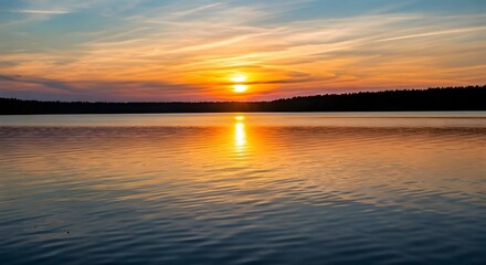 Obraz premium A lake reflecting a breathtaking sunset with gentle ripples, AI Generated