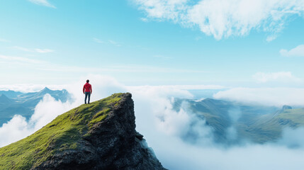 Adventurous solo hiker on a stunning mountain summit under a clear sky