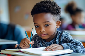 Black little child taking notes on notebook during lesson