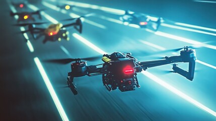 Futuristic drone racing competition with dynamic lighting effects and technology showcase