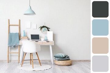 Interior of light office with workplace decorated for Easter. Different color patterns
