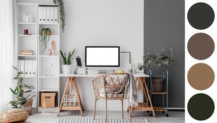 Interior of light office with workplace, shelving unit and houseplants. Different color patterns