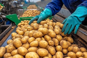 Farmer wearing gloves carefully sorts through a large quantity of freshly harvested potatoes on a conveyor belt, ensuring quality control in agricultural production
