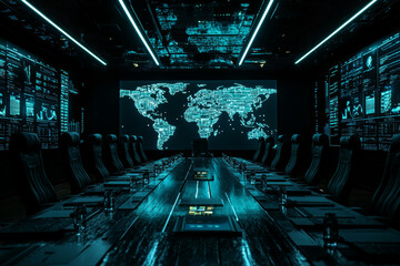 modern conference room featuring large digital world map, high tech screens, and long wooden table with ergonomic chairs, creating futuristic business environment