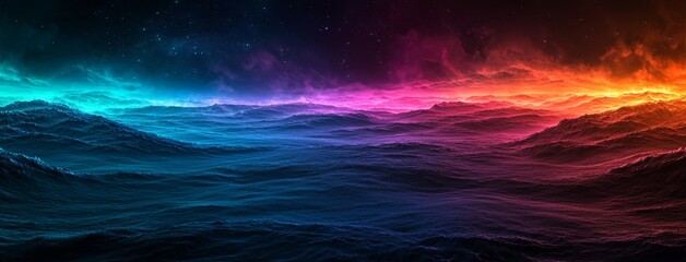 Iridescent undulations and swirls evoke the image of a black banner with a wavy, flowing design