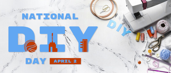 Composition with word DIY and sewing machine on light background