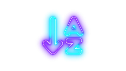 Neon arrow down a z symbol icon cyan purple color glowing with transparent background