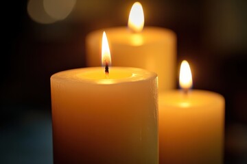 Close-up photography of three candles with soft yellow flames against a dark background capturing a serene still-life scene with rich chiaroscuro and warm golden hues for a meditative ambiance