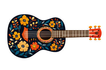 Embroidered floral acoustic guitar with dark backdrop, cut out transparent