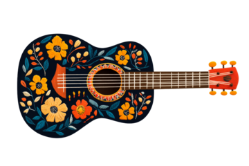 Embroidered floral acoustic guitar with dark backdrop, cut out transparent