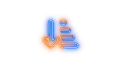 Neon arrow down short wide symbol icon blue brown color glowing with transparent background