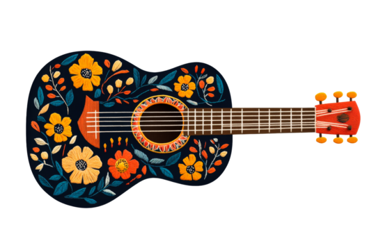 Embroidered floral acoustic guitar with dark backdrop, cut out transparent
