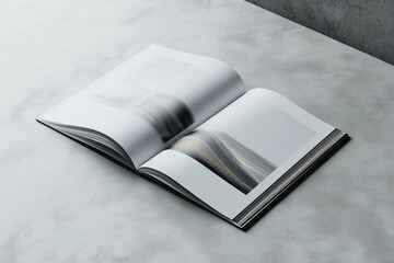 Open magazine on a clean, minimalist surface with soft lighting. Perfect for editorial design, print publications, and magazine layout mockups. Elegant, professional branding concept