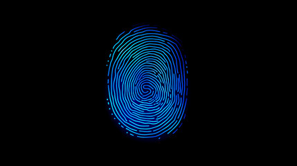 Futuristic blue light fingerprint scan on black backdrop representing human identification DNA and cybersecurity concepts