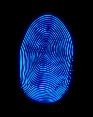 Glowing blue fingerprint on a dark background symbolizing identity security biometrics and digital authentication technology