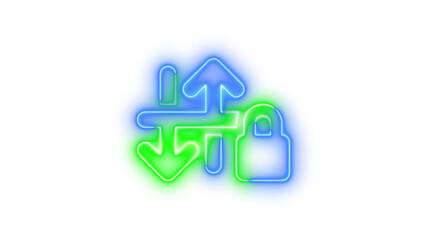 Neon arrow down up lock symbol icon blue green color glowing with transparent background