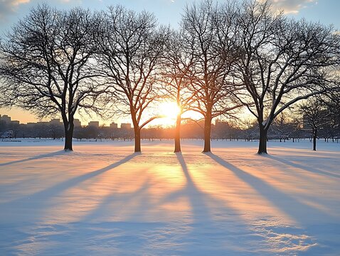 Winter Sunset Over Snowy Park.