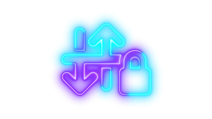 Neon arrow down up lock symbol icon cyan purple color glowing with transparent background
