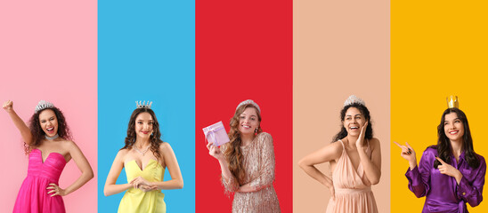 Set of beautiful young girls in prom dresses on color background © Pixel-Shot