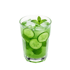 A refreshing green gin and tonic cocktail with cucumber slices and mint leaves, isolated on a transparent background.