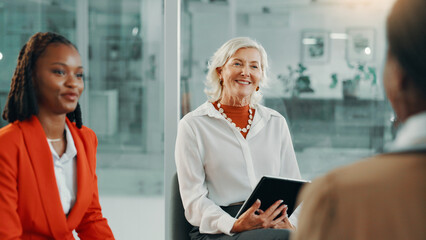 Obraz premium Tablet, job interview and business women in office for recruitment, hiring or onboarding for magazine. Questions, discussion and team of HR managers with candidate for career opportunity at agency.