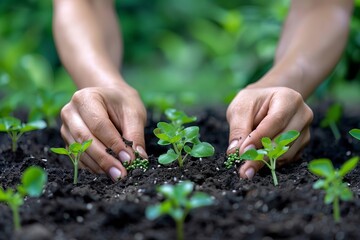 Nurturing New Life: A close-up photo of a woman's hands planting seeds in a garden, capturing the beauty and simplicity of growth.