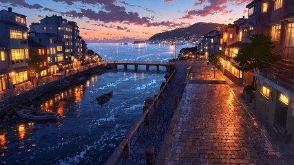 Fototapeta premium Evening scene of a coastal town with vibrant buildings, river, and calm ocean view under the sunset glow
