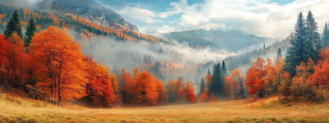 Fototapeta premium Misty autumn mountain valley with colorful trees.