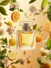 Golden perfume bottle floating among citrus fruits and flowers. Fresh and vibrant fragrance branding, luxury beauty product, and advertising concept