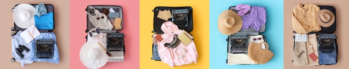 Set of open suitcases with vintage typewriters and travel accessories on color background, top view