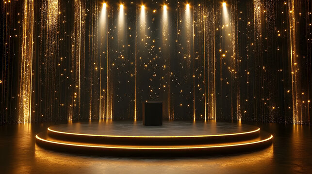 A black stage with gold lights and a podium in the center.