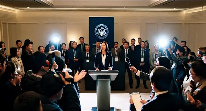 Woman speaking at press conference, podium with microphones, official backdrop, crowded press with cameras. Formal setting, bright lighting, professionalism, authority, serious tone, newsworthy event.