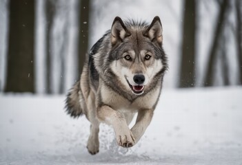 Naklejka premium Saarloos Wolfdog running in the frozen forest, dog in the nature, doggy playing in a snowy meadown, in the winter, with sky and snow on the grass and on the soil