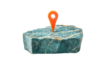 Orange location pin stuck in rough, turquoise stone block, cut out transparent
