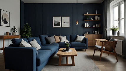 Cozy Living Room with Dark Blue Sectional and Wooden Accents

