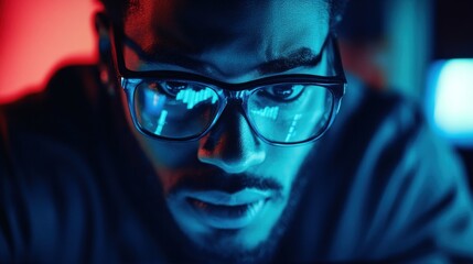 Intense focus: Software developer debugging with code reflections in glasses