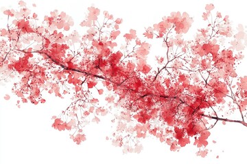Artistic depiction of blooming branches with pink and red flowers