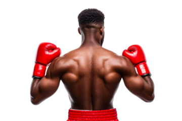 Muscular Boxer Posing with Red Gloves, Back View, Cut Out Transparent
