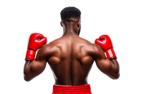 Muscular Boxer Posing with Red Gloves, Back View, Cut Out Transparent