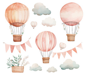 Watercolor illustration of vintage hot air balloons with pastel clouds and decorative flags for whimsical travel and adventure themes © Cetin