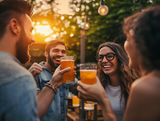 a group of diverse friends cheering some drinks at a house backyard, daylight, warm light, outdoors, hapiness