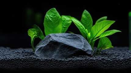 Aquarium planted with vibrant greenery and dark rock