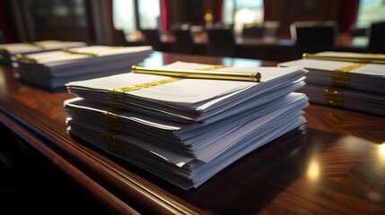 A photo of legal documents arranged in a law firm.