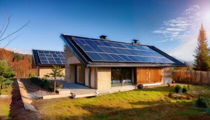 Obraz premium A hybrid system of solar power and insulated walls providing warmth to a house in a sustaina
