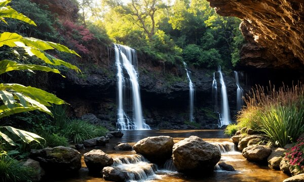 Serene waterfall cascading into a peaceful pool at sunrise – Breathtaking spring landscape with soft golden light and vibrant flowers