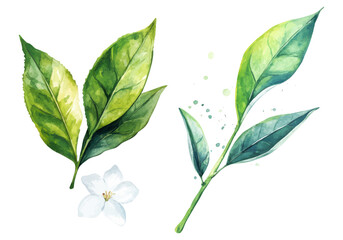 Watercolor botanical illustration of green tea leaves and white flower for natural and herbal themed designs