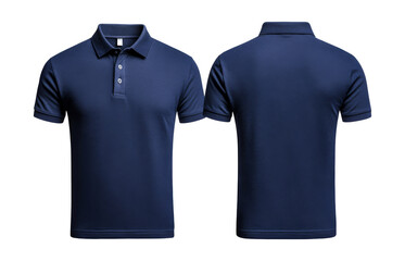 Navy blue polo shirt, front and back views, isolated on black, cut out transparent