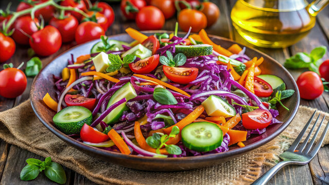 A bright, healthy salad with layers of shredded red cabbage, julienned carrots, cherry tomatoes, bell peppers, cucumber, and leafy greens. A drizzle of vinaigrette glistens on the fresh ingredients